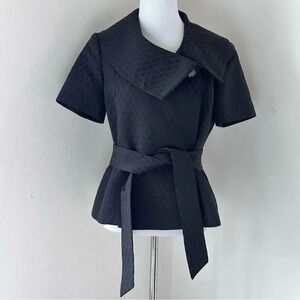Vintage-Inspired Black Wrap Peplum Top Tie Waist Retro Tailored Blouse